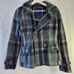 American Eagle ladies hooded Peacoat Wool Plaid Double-Breasted Jacket Size S